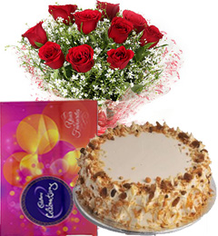 send Red Roses Bouquet Eggless Butterscotch Cake n Cadbury Celebrations Box delivery