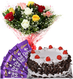 send Eggless Black Forest Cake Cake Mix Roses Bouquet N Chocolate delivery