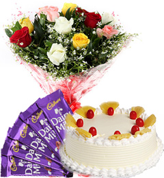 send Eggless Pineapple Cake Mix Roses Bouquet N Chocolate delivery