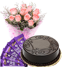 send Eggless Truffle Cake Pink Roses Bouquet N Chocolate delivery