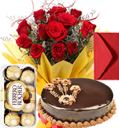 send Eggless Chocolate Truffle Cake Roses Bouquet Ferrero Rocher Greeting Card delivery