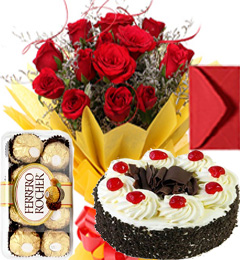 send Eggless Black Forest Cake Roses Bouquet Ferrero Rocher Greeting Card delivery