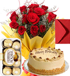 send Eggless Butterscotch Cake Roses Bouquet Ferrero Rocher Greeting Card delivery