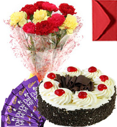 send Eggless Black Forest Cake Carnation Bouquet N Chocolate delivery