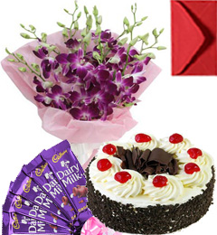 send Eggless Black Forest Cake Orchid Bouquet N Chocolate delivery