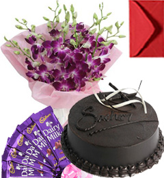 send Eggless Chocolate Traffle Cake Orchid Bouquet N Chocolate delivery