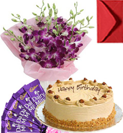 send Eggless Butterscotch Cake Orchid Bouquet N Chocolate delivery