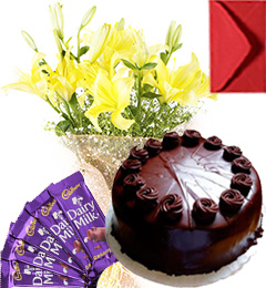 send Eggless Chocolate Truffle Cake Lilies Bouquet N Chocolate delivery