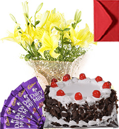 send Eggless Black Forest Cake Lilies Bouquet N Chocolate delivery
