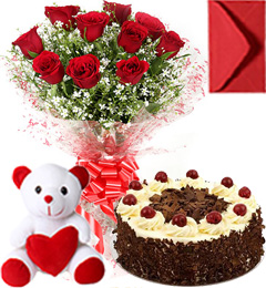 send Eggless Black Forest Cake Roses Bouquet N Teddy  delivery