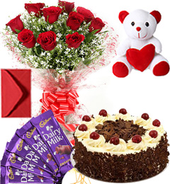 send Eggless Black Forest Cake Roses Bouquet Teddy N Chocolate delivery
