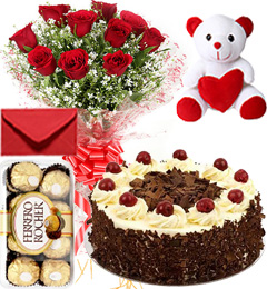send Eggless Black Forest Cake Roses Bouquet Teddy N Ferrero Rocher Box delivery