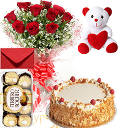 send Eggless Butterscotch Cake Roses Bouquet Teddy N Ferrero Rocher Box delivery