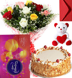 send Eggless Butterscotch Cake Mix Roses Bouquet Teddy N Cadbury Celebration Box delivery