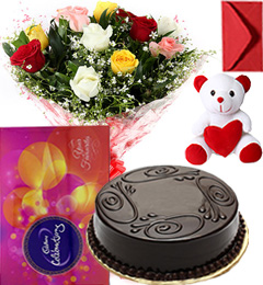 send Eggless Chocolate Traffle Cake Mix Roses Bouquet Teddy N Cadbury Celebration Box delivery
