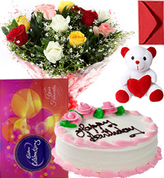 send Eggless Strawberry Cake Mix Roses Bouquet Teddy N Cadbury Celebration Box delivery