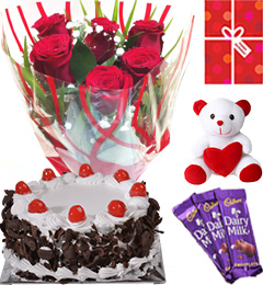 send Eggless Butterscotch Cake Roses Teddy Chocolate Starter Combo delivery