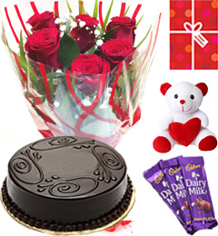 send Eggless Chocolate Traffle Cake Roses Teddy Chocolate Starter Combo delivery