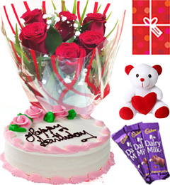 send Eggless Strawberry Cake Roses Teddy Chocolate Starter Combo delivery