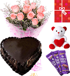 send Eggless Heart Shaped Chocolate Traffle Pink Roses Teddy Chocolate Starter Combo delivery