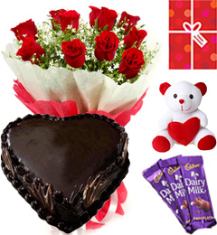 send Eggless Heart Shaped Chocolate Traffle Red Roses Teddy Chocolate Starter Combo delivery