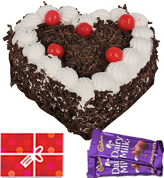 send Eggless Heart Shaped Black Forest Cake n Chocolate Starter delivery
