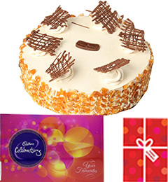 send Eggless Butterscotch Cake with Cadbury Celebrations Gift Pack n Card delivery