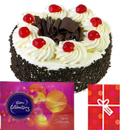 send Eggless Black Forest Cake with Cadbury celebrations gift pack n Card delivery