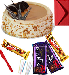 send Eggless Butterscotch Cake with Chocolate gift pack n Greeting Card delivery