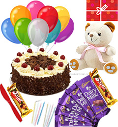 send Spicial Eggless Black Forest Cake Chocolates Teddy Balloons Combo Gift delivery