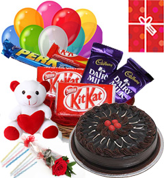 send Eggless Chocolate Traffle Cake n Chocolate Teddy Balloons for Any Time  delivery