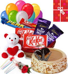 send Eggless Butterscotch Cake Chocolate Teddy Balloons for Any Time delivery