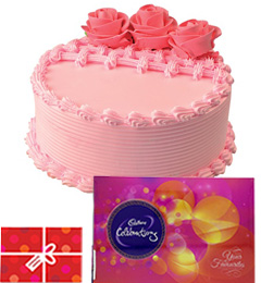 send Strawberry Cake n Cadbury Celebrations Gift Pack n Card delivery