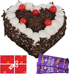 send 1kg Heart Shape Black Forest Cake n Chocolate n Card delivery