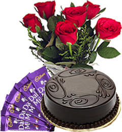 send Half Kg Chocolate Truffle Cake with Red Roses Bunch n Chocolate delivery