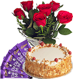 send Half Kg Butterscotch Cake with Red Roses Bunch n Chocolate delivery