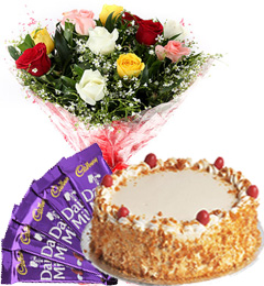 send Half Kg Butterscotch Cake N Mix Roses Bouquet N Chocolate delivery