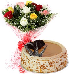 send 1Kg Butterscotch Cake  N Mix Roses Bouquet delivery