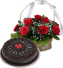 send 1Kg Chocolate Traffle Cake N Red Roses Basket delivery