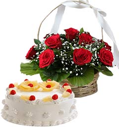 send 1Kg Pineapple Cake N Red Roses Basket delivery