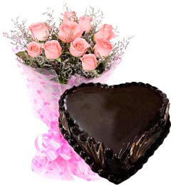 send Heart Shape Chocolate Truffle Cake 1Kg N Pink Roses Bouquet delivery