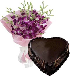 send 1Kg Heart Shape Chocolate Truffle Cake N Orchids Bouquet delivery