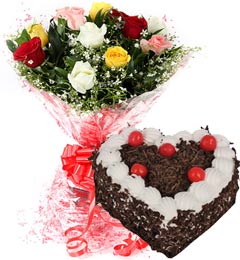 send 1Kg Heart Shape Black Forest Cake  N Mix Roses Bouquet delivery
