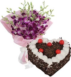 send 1Kg Heart Shape Black Forest Cake N 5pcs Orchids Bouquet delivery