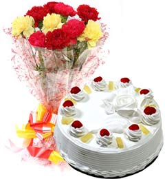 send Pineapple Cake Half Kg N Carnations Bouquet delivery