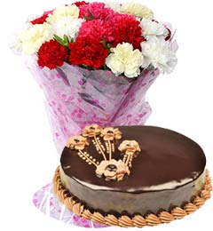 send 1Kg Chocolate Truffle Cake with Carnations Bouquet delivery