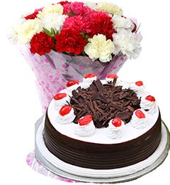 1Kg Black Forest Cake with Carnations Bouquet
