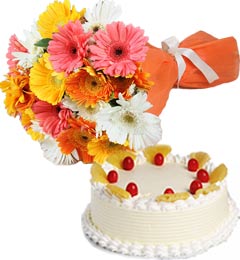 send Pineapple Cake Half Kg N Gerberas Bouquet delivery