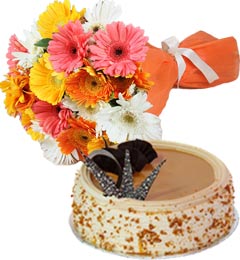 send Butterscotch Cake Half Kg N Gerberas Bouquet delivery