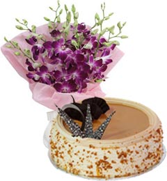 send Butterscotch Cake Half Kg N Orchids Bouquet delivery